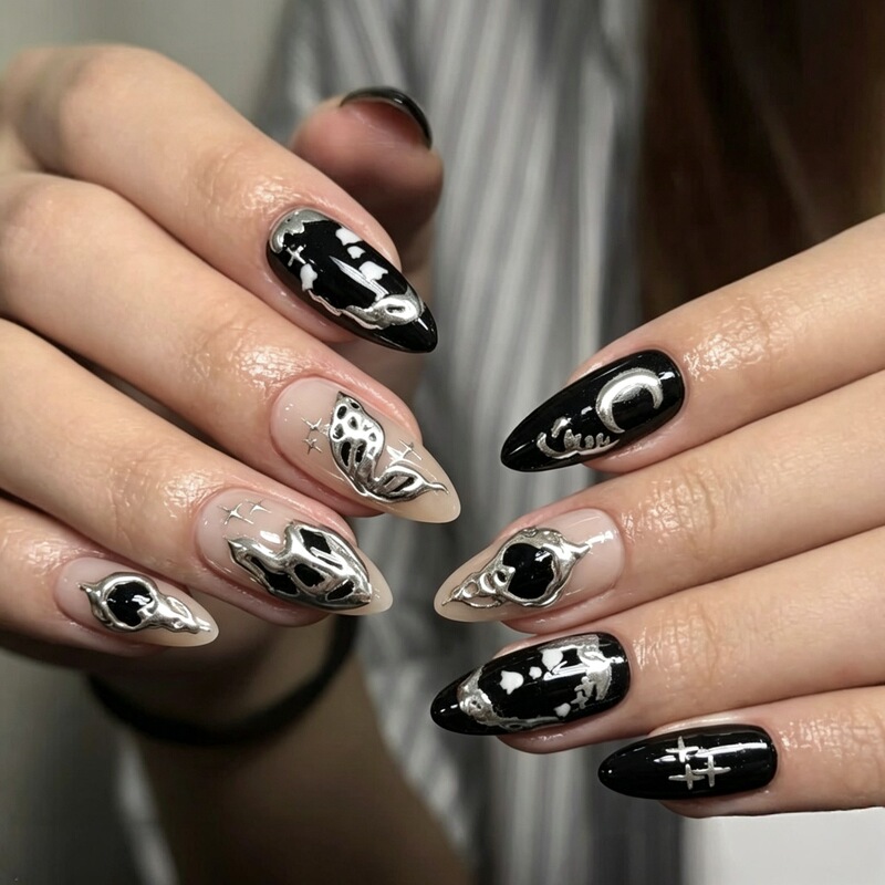 Dark Star and Moon Silver Line Press-On Nails Almond Nail Tips Hot Girl Nails Removable Nail Art Wholesale Finished Pre-Made Nails