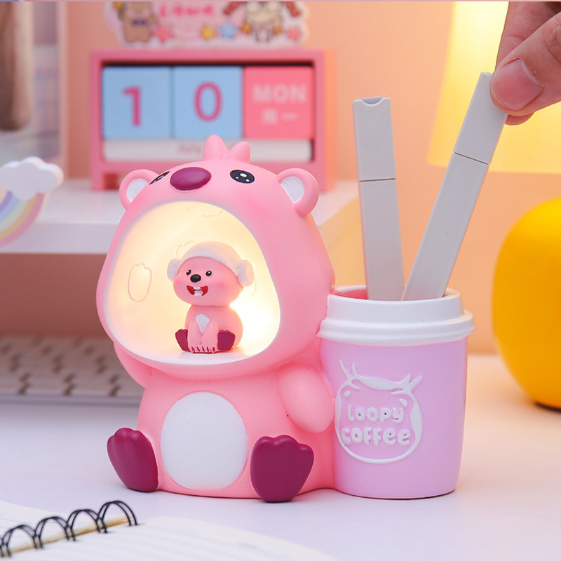 クリエイティブかわいいベラウサギのペンライト多機能スターライト収納ペンホルダー子供寝室デスクトップ装飾置物|undefined