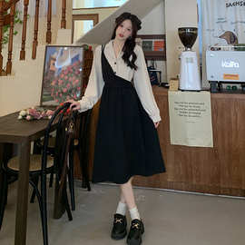 法式气质假两件西装连衣裙女2022秋季新款大码轻熟风中长款裙子