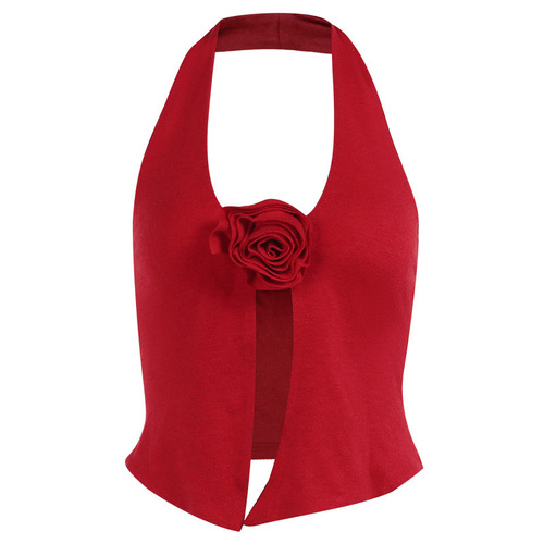 Flower halter neck suspender fashion style hot girl sexy slim flower design halter neck knitted vest top for women