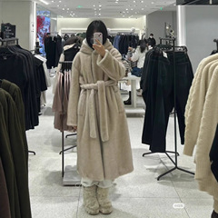秋冬长款连帽仿皮草外套环保水貂皮毛一体大衣加厚欧美跨境女装