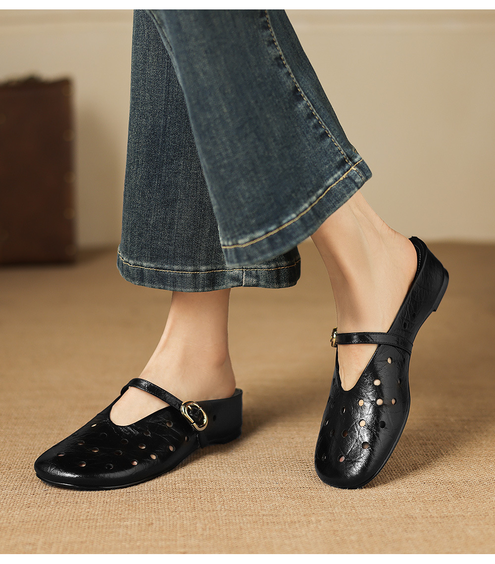 Sandal nữ da dê đục lỗ mũi trùm quai ngang hở gót — đen chi tiết 12