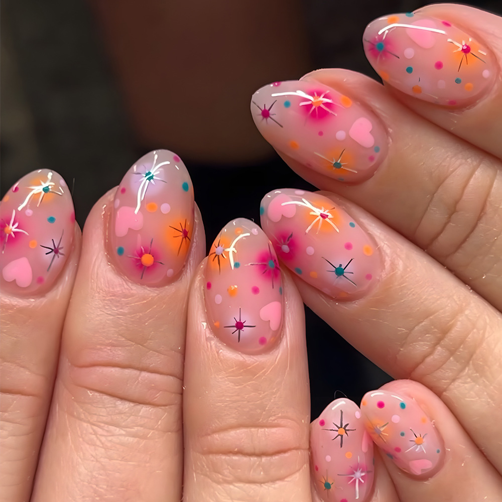 Armadura de vestir de verano estrellado al por mayor rosa melocotón 30 piezas de uñas postizas Venta caliente transfronteriza Armadura de vestir de almendra