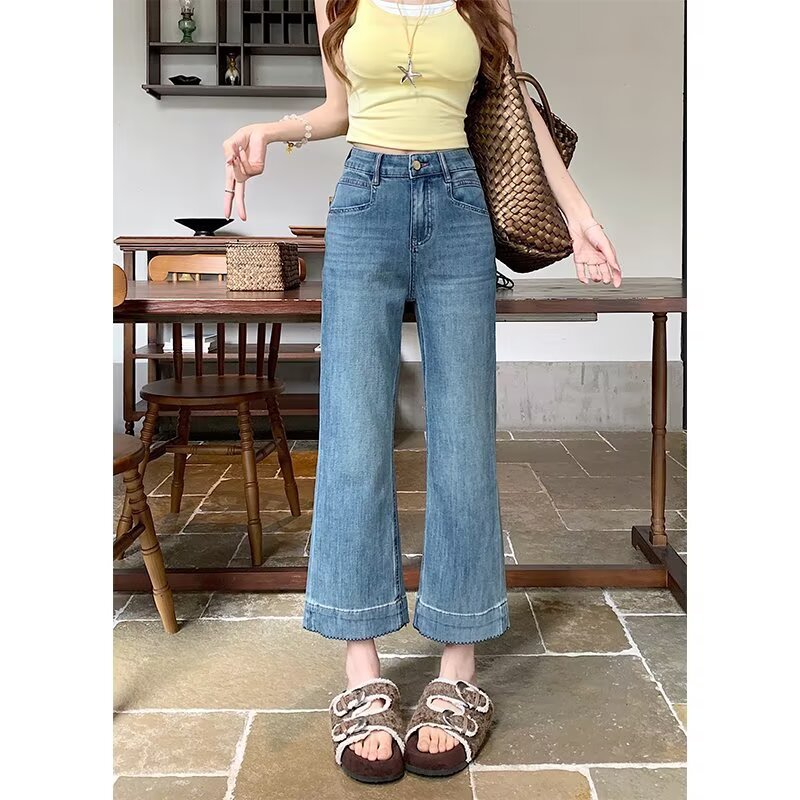 大きいサイズのレトロなストレッチジーンズ、女性用夏用薄いファットmmルーズハイウエストスリムストレートマイクロフレア9点パンツ|undefined