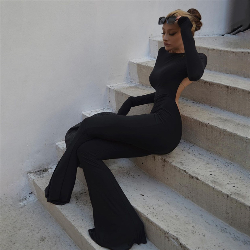 Long-Sleeved Open Back Slim Straight Wide-Leg Casual Jumpsuit NSSS107951