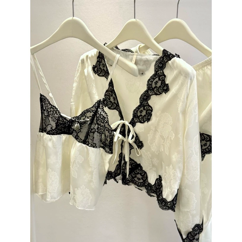 Shorts white jade, trousers, long-sleeve, set, pijama, french style, lifting effect, 4 piece set