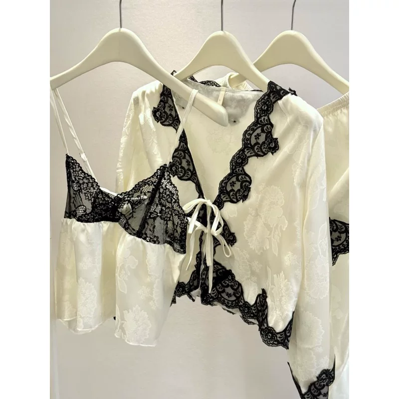 Shorts white jade, trousers, long-sleeve, set, pijama, french style, lifting effect, 4 piece set