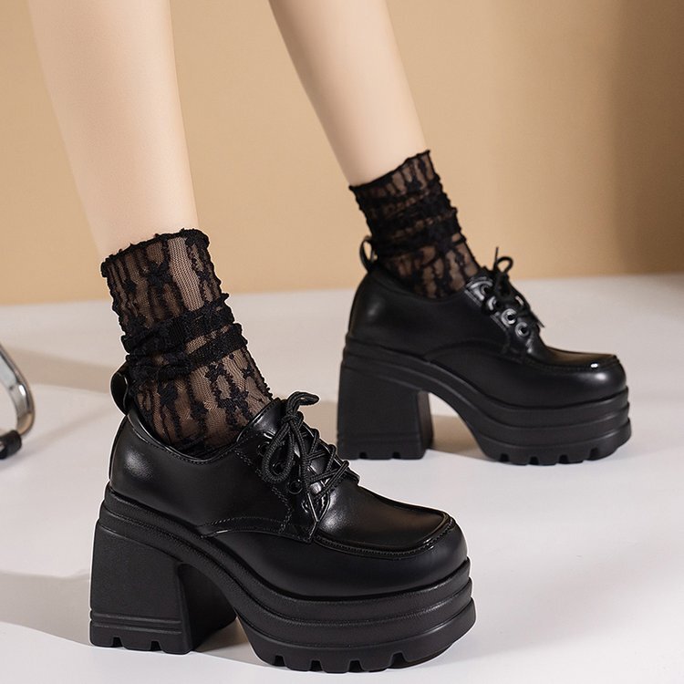 2023 European and American Autumn and Winter New Solid Color Lace-up JK Leather Shoes Cross-border Foreign Trade plus size Platform Bottom High-heeled Leather Shoes for Women