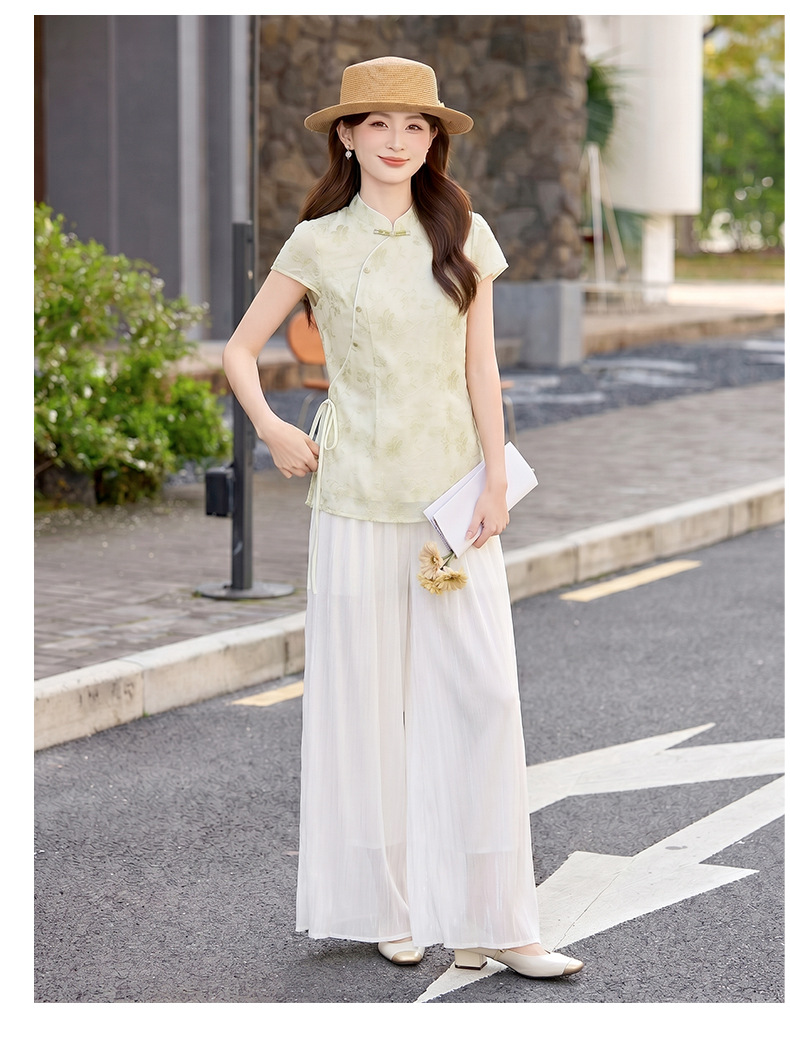 Bộ áo sơ mi cổ đức in họa tiết kết hợp quần dài hai mảnh nữ thời trang — Xanh lá cây nhạtcolor, Vàng nhạt chi tiết 21
