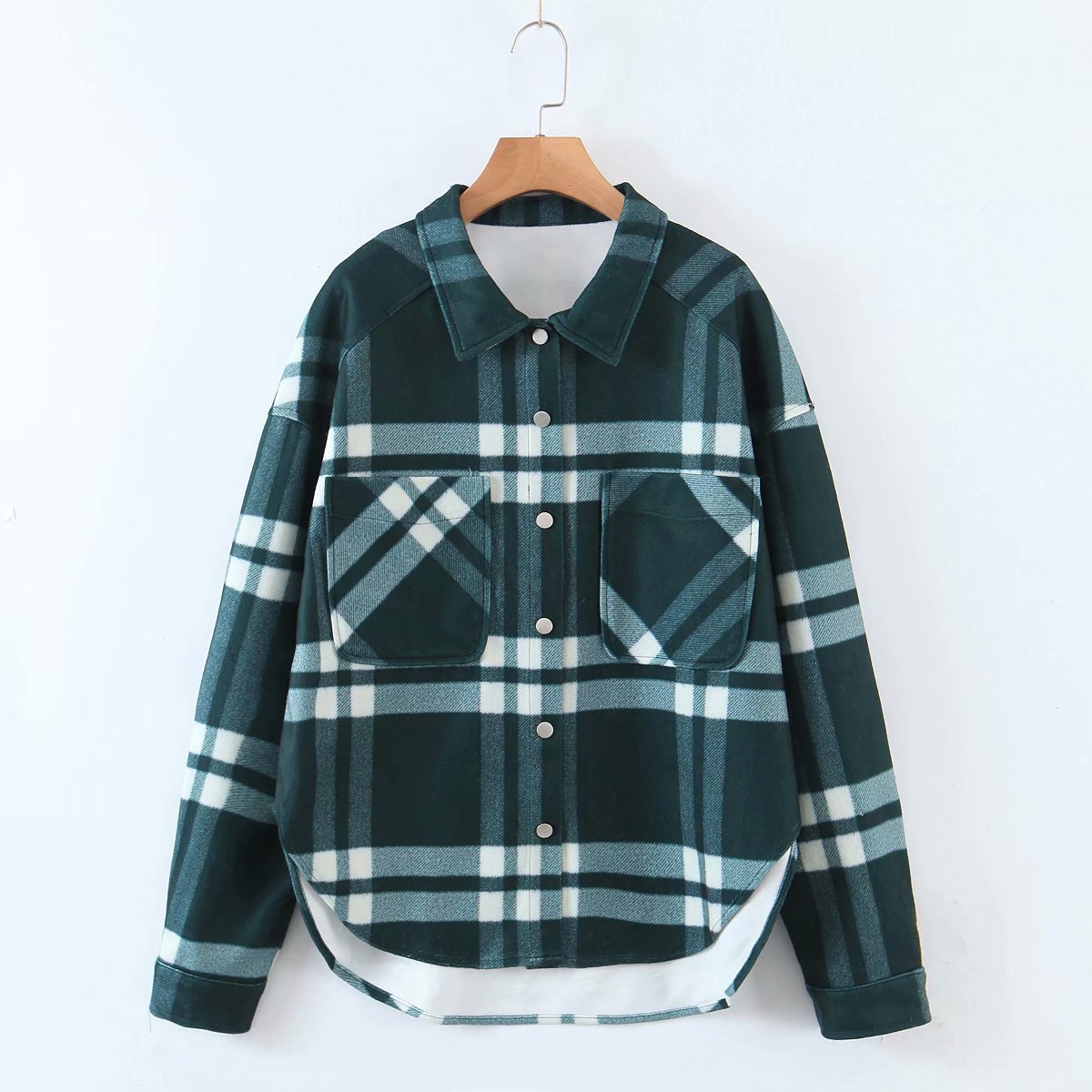 lapel pocket long sleeve plaid shirt jacket  NSAM39593