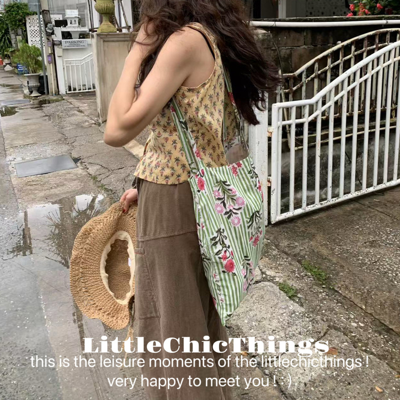 オリジナル LittleChicThings インドタッチコットンスタイルストライプフラワースパゲッティストラップ多用途ワンショルダークロスボディバッグ女性用|undefined