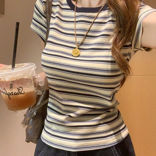 跨境一件代发夏季韩系92%棉气质修身显瘦条纹正肩短袖T恤女式上衣