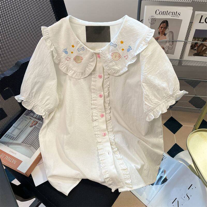 Sweet and Cute Cartoon Embroidered Doll Collar Shirt for Women 2026 Summer Versatile Design Chic Puff Sleeve Top