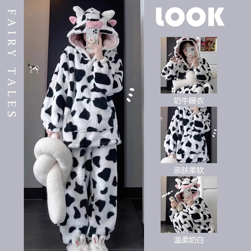 Cow hooded cute coral fleece autumn and winter pajamas flannel cute cartoon long sleeve plus size homewear suit