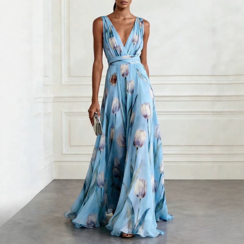2026 European and American Cross-Border Independent Website New Tulip Print Evening Dress Women's Sleeveless V-Neck Long Dress