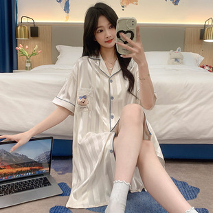 Pajamas for Women Summer Thin Ice Silk Short-sleeved Cardigan Nightgown Sweet Pure Desire Loose Shirt Dress Home Clothes Can Be Worn Outside