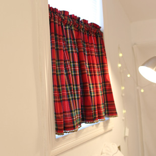 British Red Fabric Curtain Half Curtain Door Curtain Punch-free Short Curtain Retro Semi-shading Christmas American Plaid