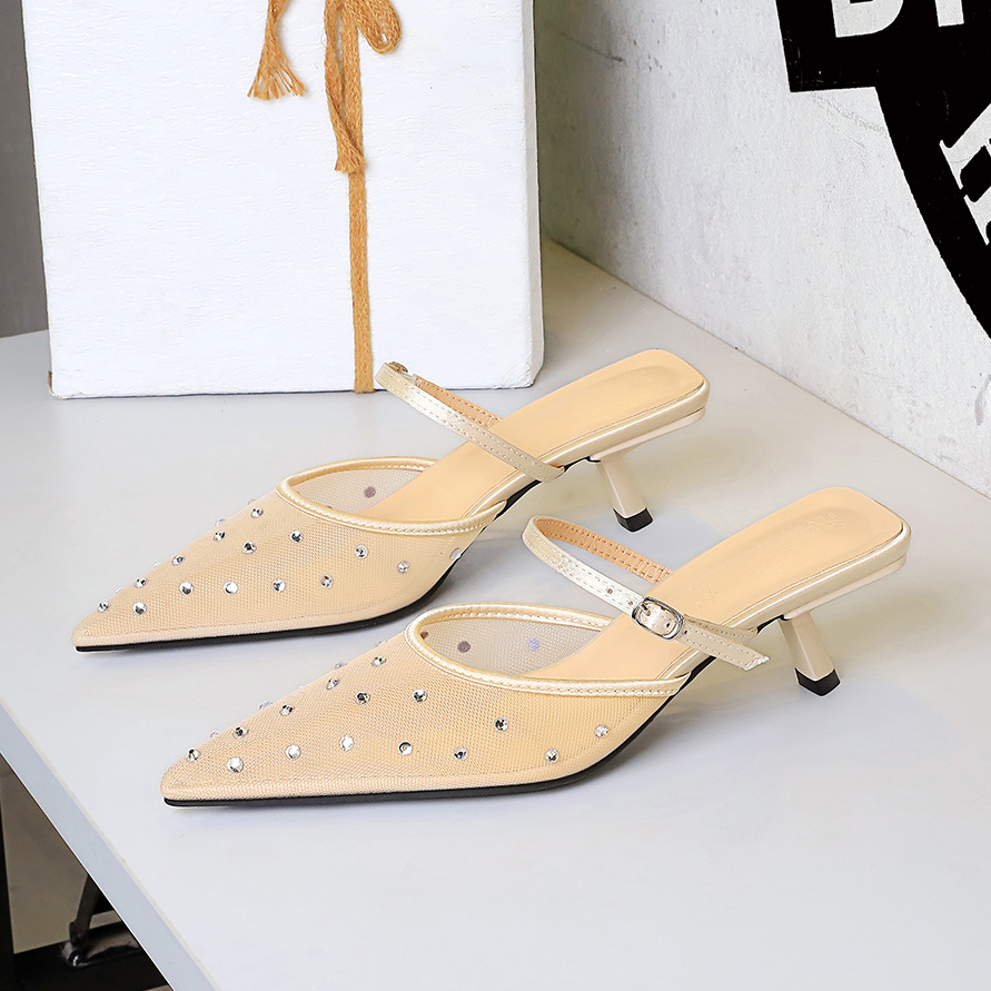 French Style Pointed Mesh Rhinestone Mules For Women Open Toe_voghion.com