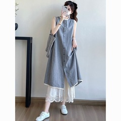 2025小七森系气质叠穿套装女夏2025新款无袖背心衬衣长裙马蹄裤两