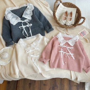 2025 Korean Girls Korean Style Sweater Cardigan Autumn and Winter Sweet Style Kidsren's Lace Lapel Knitted Cardigan Trendy