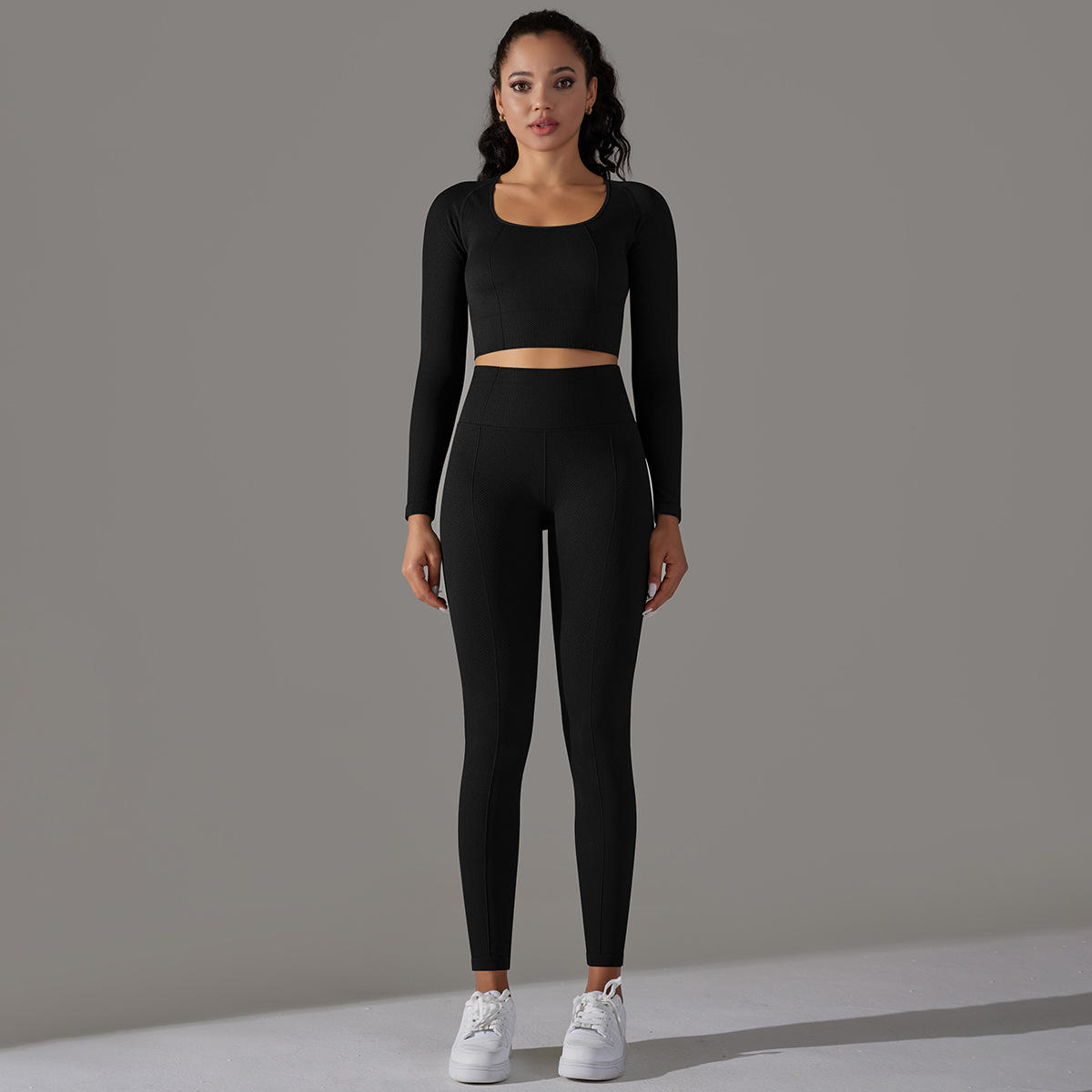 Rochie de yoga Jacquard pentru femei, cu mânecă lungă, talie înaltă, colanți de șold, îmbrăcăminte sport pentru fitness_voghion.com