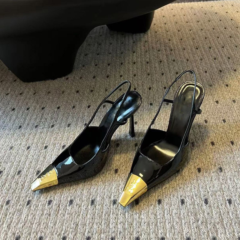 Autumn 2024 New Metal Letters Baotou Back Empty Shoes Black All-match Square Heel High Heel Sandals for Women