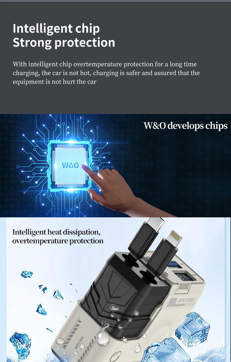 Cross-Border A1 Mecha-Style Car Digital Display Car Charger Super Fast Charging Dual-In-One Retractable Cable Car Cigarette Lighter