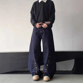 美式复古牛仔裤男生水洗原色排扣弯刀街头廓形垂感阔腿休闲长裤子