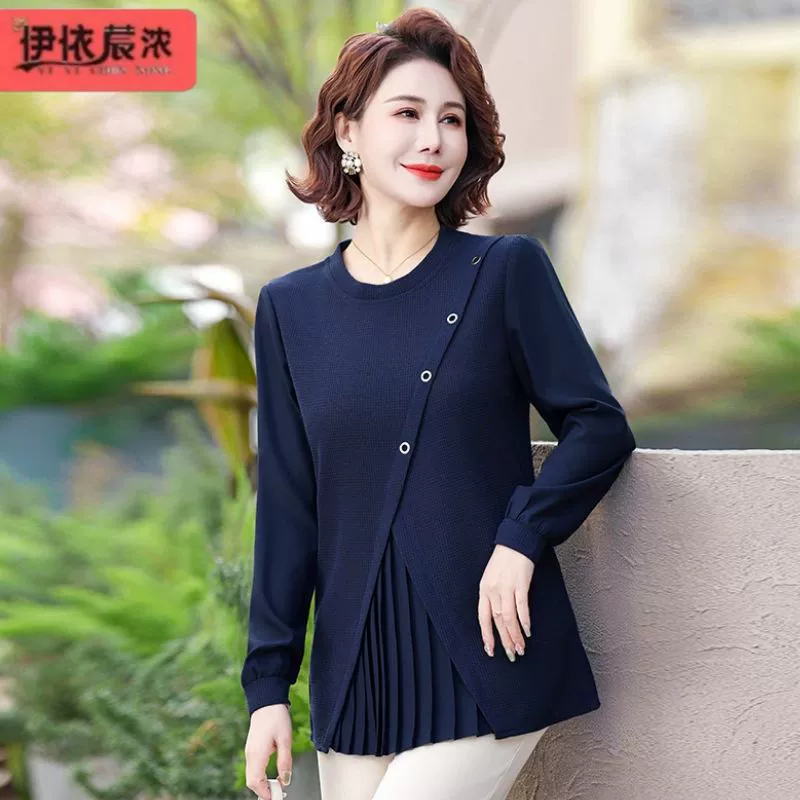 Новая женская футболка с длинным рукавом для женщин среднего возраста (45+) на весну и осень, скрывающая живот, одежда для мам, асимметричная базовая футболка для женщин.