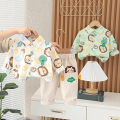 Boy's Shirt Spring and Autumn Set Exports New Arrival Baby Toddler Fashion Full Print Lion Shirt Long Sleeve Two-Piece Set