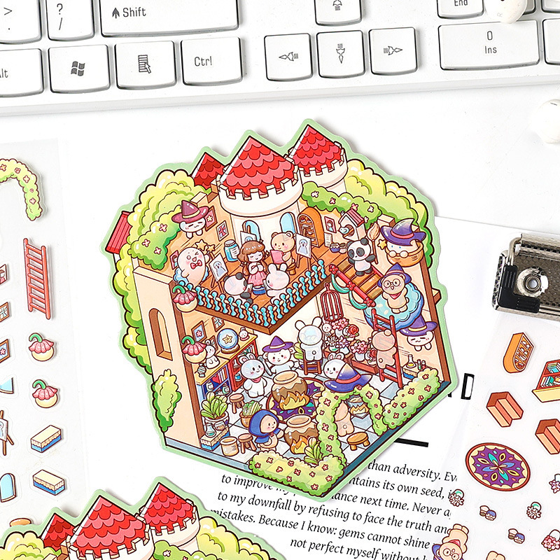 Rainbow Fortress 3D pegatinas impermeables transparentes estereoscópicas pegatinas paisajísticas para niños dibujos animados miniaturizados pegatinas descomprimidas