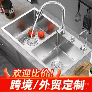 厨房水槽带抽拉龙头不锈钢双槽带菜盆菜板双台面一体洗碗池洗碗槽