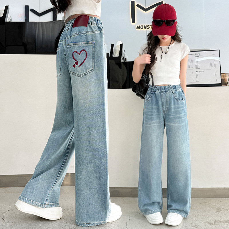 Girls' Jeans 2025 New Spring and Summer Dress Big Children's Love Embroidered Narrow Wide Leg Pants Children's Pants Summer Thin