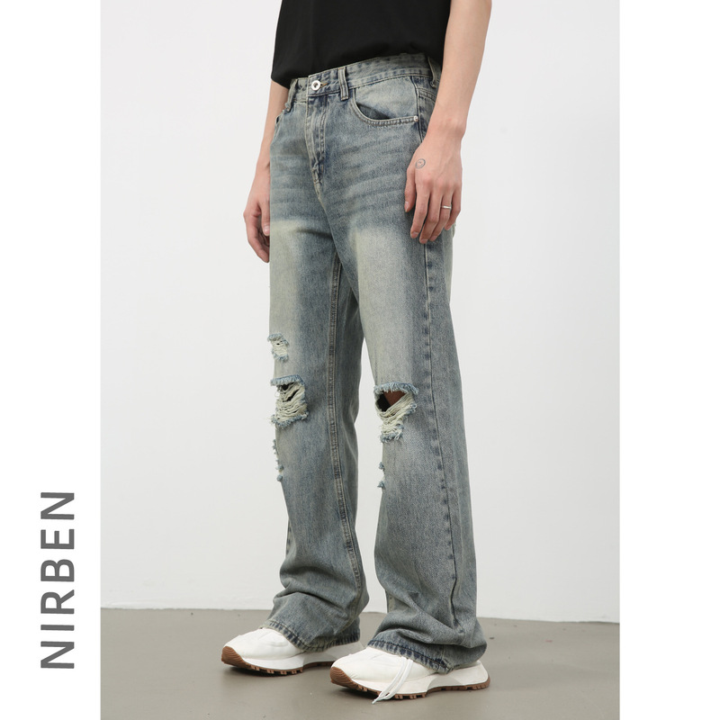Nirben Denim | New Ripped Jeans Men's American High Street Tide Brand Loose Straight Pants
