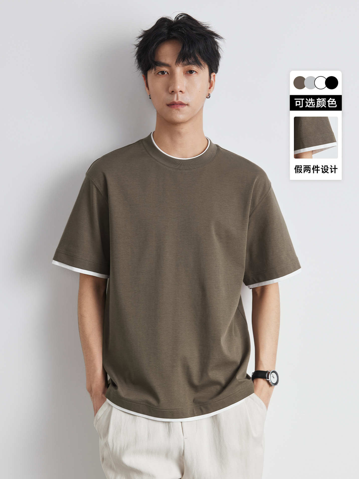 紳士服の偽二枚半袖tシャツ男夏2025新型高級感韓系ファッション男性シャツ