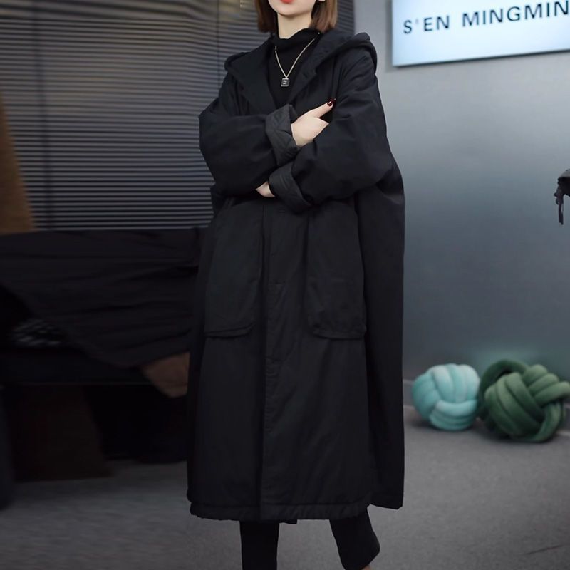 欧货黑色连帽长款棉服女冬季加厚保暖棉衣大码宽松遮肚显瘦棉袄子|undefined