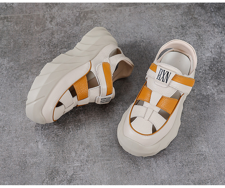 Sandal nữ da bò đế dày thoáng khí tăng chiều cao — Màu đen chi tiết 14