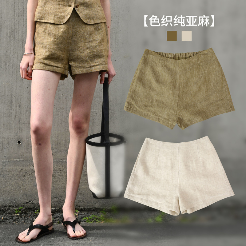 High-End Pure Linen Yarn-Dyed High-Waisted Shorts for Women 2025 Summer Old Money Loose Casual Pants Niche Design Straight Pants