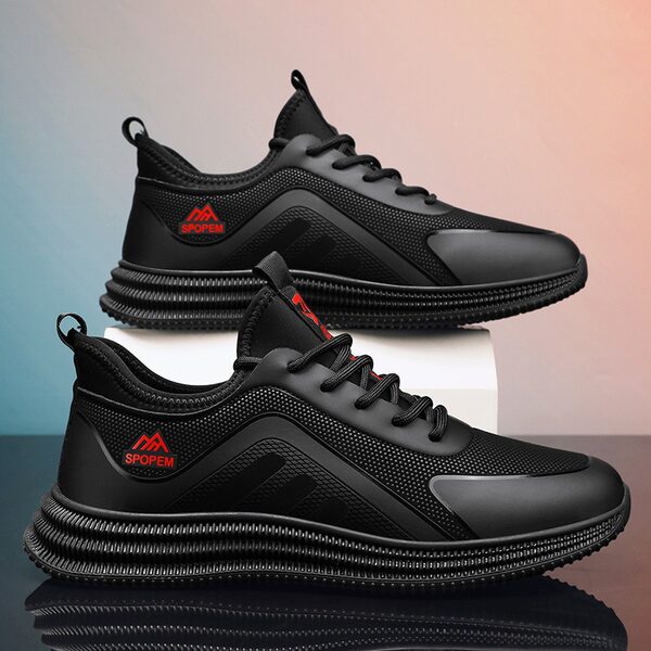 Giày thể thao nam đế dày kiểu sneaker thời trang, đế mềm chạy bộ nhẹ dễ phối đồ — Màu đỏ đen, Toàn màu đen, Đen trắng