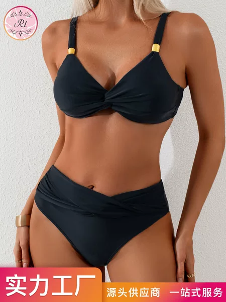 2026 Amazon Cross-Border Women's High-Waisted Cross-Waist Slimming Twist V-Neck Two-Piece Bikini Swimsuit