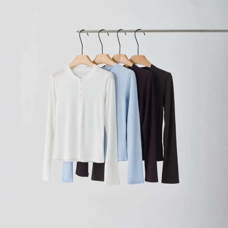 Tencel Linen Henry Collar Long-Sleeved T-Shirt for Women 2026 Spring and Summer New Thin Knitwear Slim Fit Bottoming Shirt