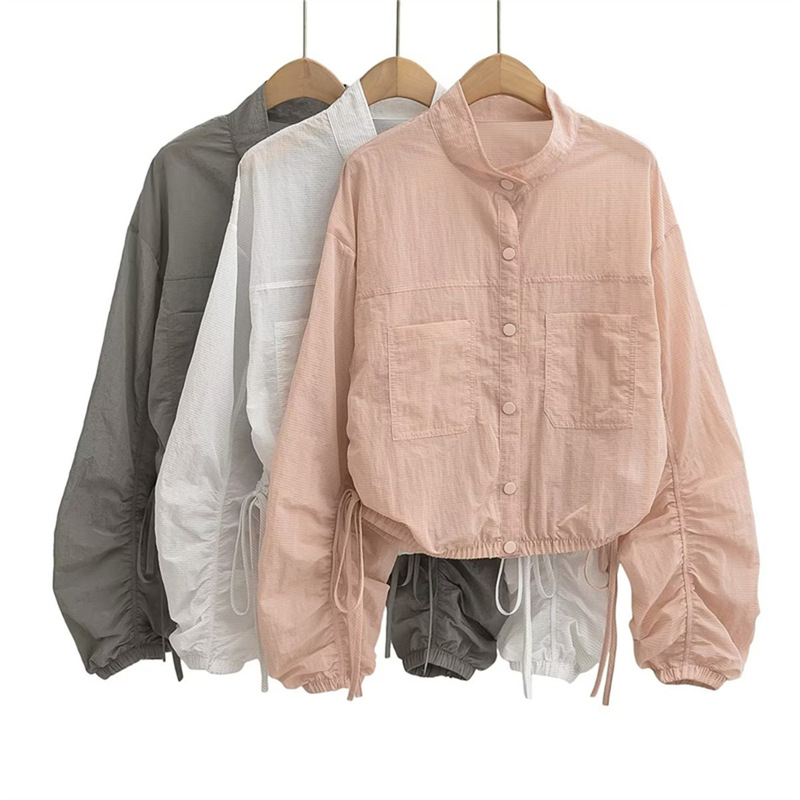 American Summer Lightweight Sun Protection Clothing for Women, Elastic Waist, Side Drawstring Design, Loose Long-Sleeved Jacket, New Product