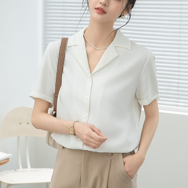 2025 리얼 샷 뉴 블루 반팔 셔츠 여자 리틀 남자 원피스 칼라 프로 통근 시폰 인터뷰 탑