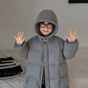 Boys' Mid-Length Hooded down Jacket, Thickened down Coat, Over-The-Knee Stylish Solid Color for Children