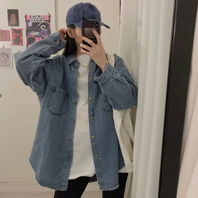 Большой размер толстый мм дизайн чувство джинсовая рубашка куртка женское платье дикое свободное BF стиль ретро топ куртка