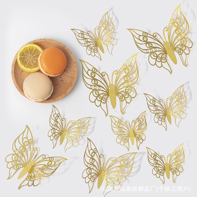 12 pegatinas doradas de mariposas huecas para pared, pegatinas de mariposas para decoración de paredes del hogar, pegatinas creativas de mariposas.