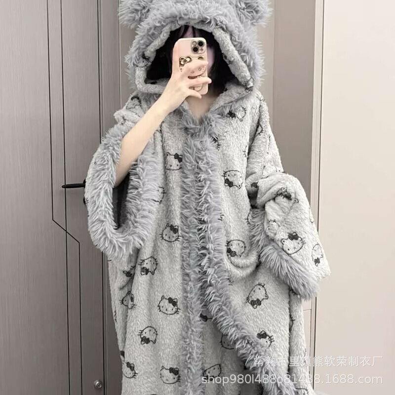 凯蒂猫睡袍女秋冬斗篷加厚季加绒睡衣居家服套装珊瑚绒睡衣可外穿|undefined