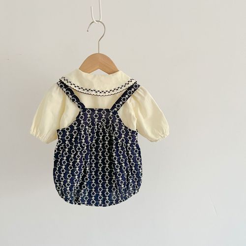 韩版婴幼儿套装秋季新品女宝宝背带提花哈衣刺绣上衣棉质两件套
