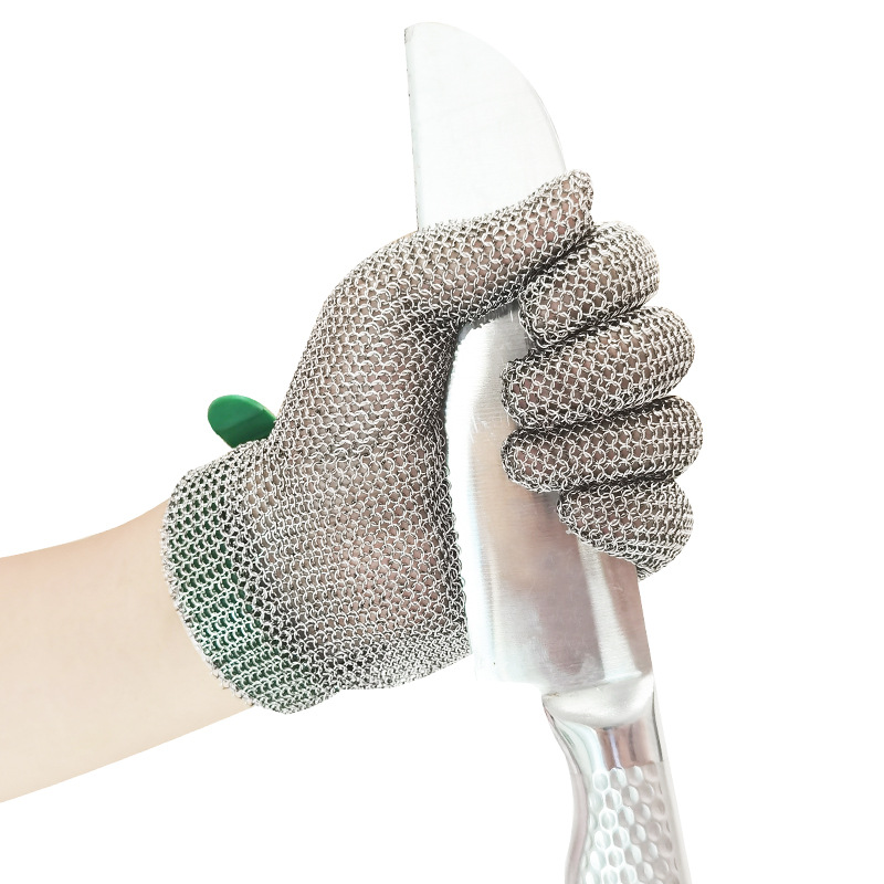 En stock de metal anti-corte de acero inoxidable guantes de hierro anti-corte de hueso máquina de aserrar peces matando guantes de anillo de acero de cinco dedos de corte