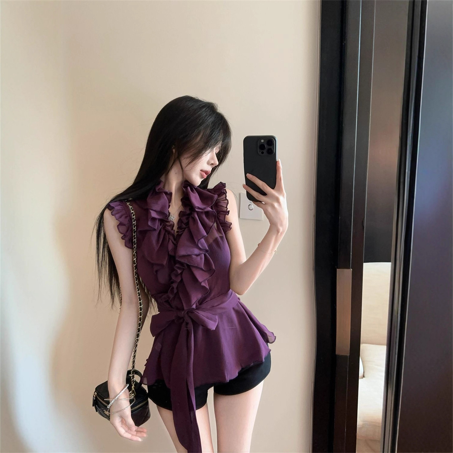 Sexy Hot Girl Ruffled V-neck Lace Up Chiffon Shirt